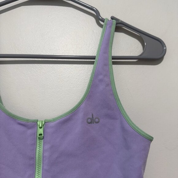 Alo Yoga Supernova Purple Thong Bodysuit Green Trim Zipper - Picture 4 of 8